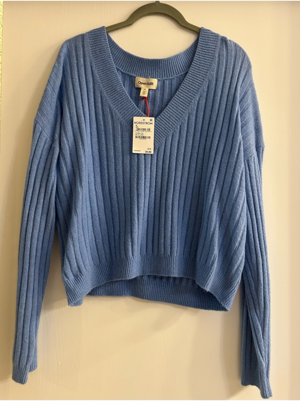 Open Edit Sky Blue Ribbed V-Neck Sweater
